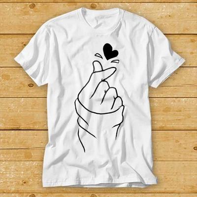 230 Gsm 100% Cotton Finger Heart T Shirt Korean Love Music Heart Kpop Kdrama Drama Unisex Fashion Style Top Tee 2213