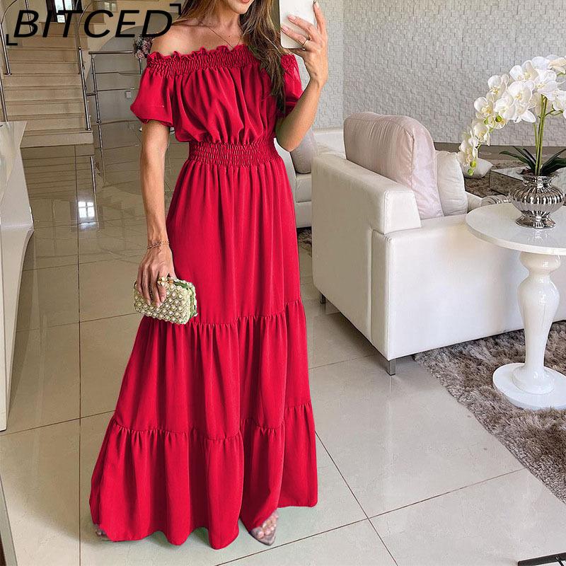 BITCED Long Dress with Open Back and Elastic Waist Popular Bohemian Style with Open Shoulders