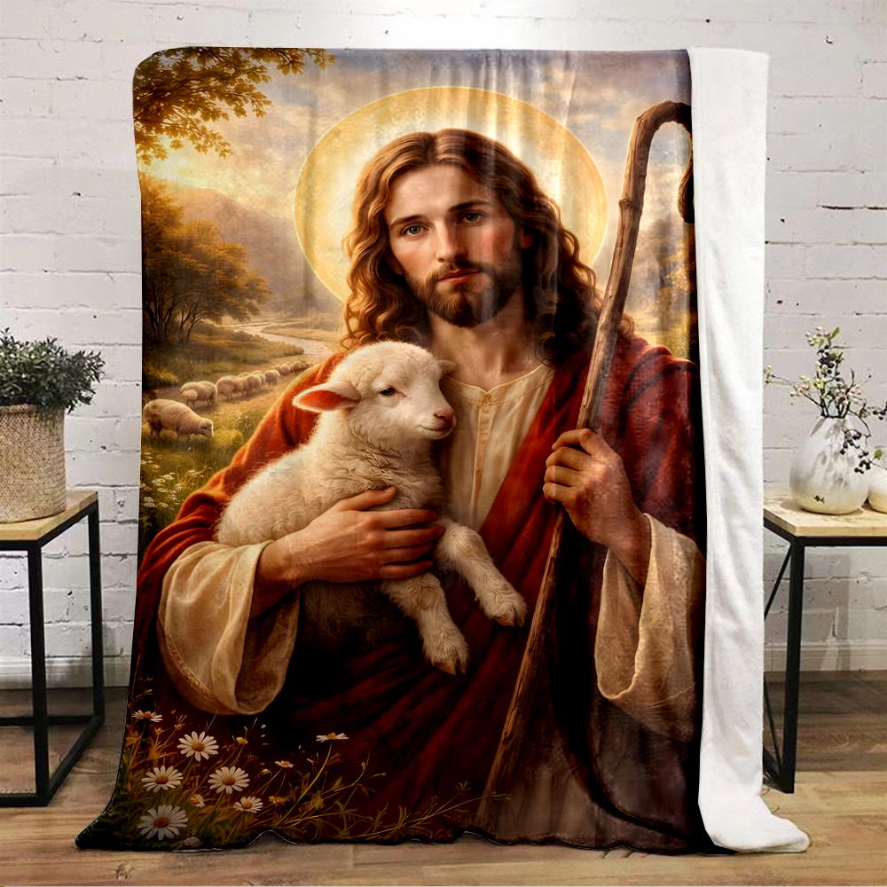 "Shepherd Holding Lamb Pastoral Scene"Flannel Blanket for Bedroom, Living Room, Sofa, and Nap