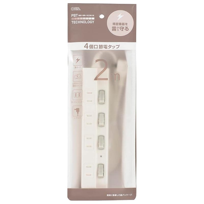 OHM Electric Power Strip with Surge Protection, 4 Outlets, 2m Cable, Individual Switches with Indicators, and Anti-Shock Shutters, White, HS-TPK42W-22
