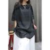 Womens Black Lace Trim Blouse Casual Round Neck 3/4 Sleeve Linen Tunic Top