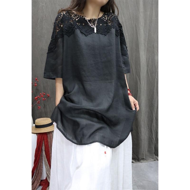 Womens Black Lace Trim Blouse Casual Round Neck 3/4 Sleeve Linen Tunic Top