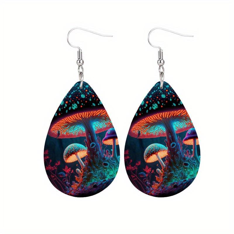 Colorful Glowing Large Mushroom Pattern PU Leather Earrings for Women Fantasy Fashion Earrings for Festival Party Banquets and Daily Wearing