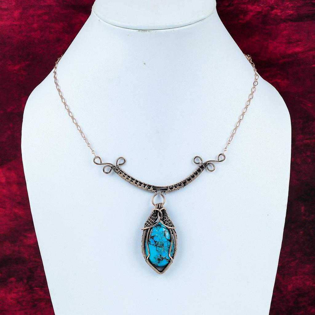 Tibetan Turquoise Necklace Copper Wire Wrapped Gemstone Necklace Adjustable Chain Necklace Handmade Copper Wire Wrap Jewelry Gift For Mother