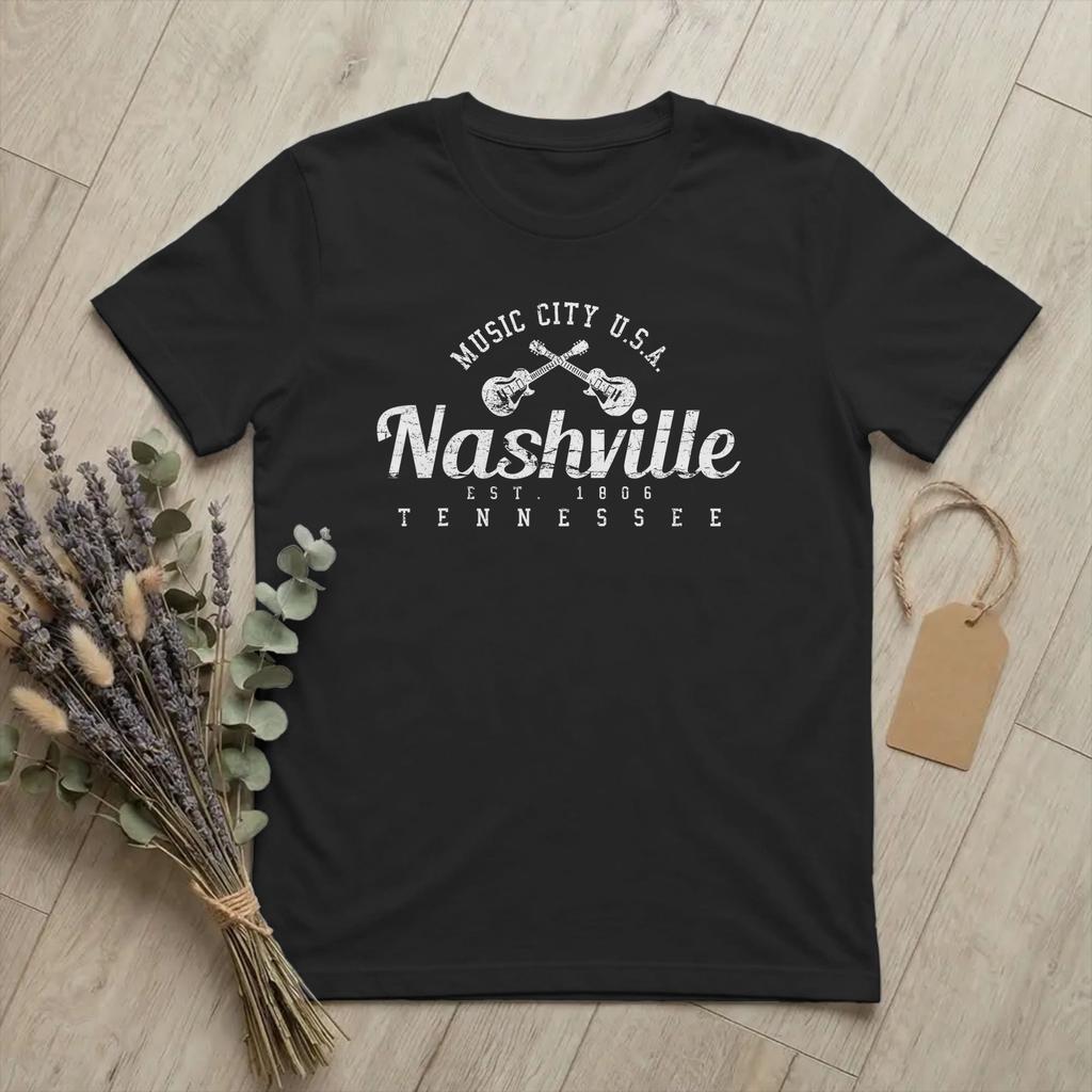 Neuheit Nashville Tennessee Country Musik T-Shirts Unisex Rundhals Reines Baumwoll-T-Shirt Gitarrenstadt T-Shirt Geschenkidee Kleidung