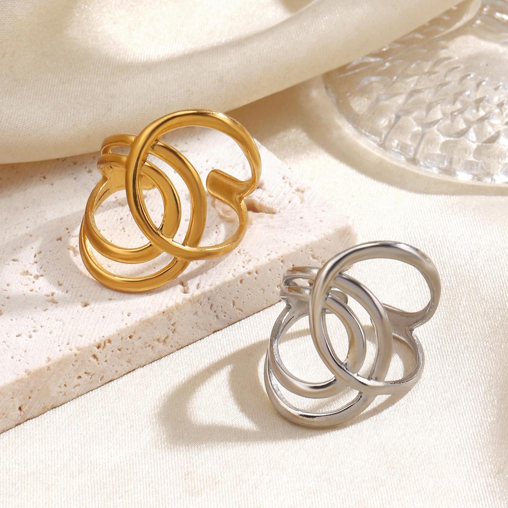 Fashionable Stainless Steel Line Ring Unisex Minimalist Style Zircon Gold Plated Geometric Cross Opening Couple Rings