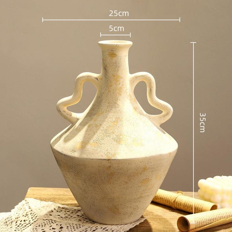 Ceramic Vase Retro Pot Rough Pottery Geometric Handle Flower Vase Flower Arrangement Accessories Flowerpot Home Decoration