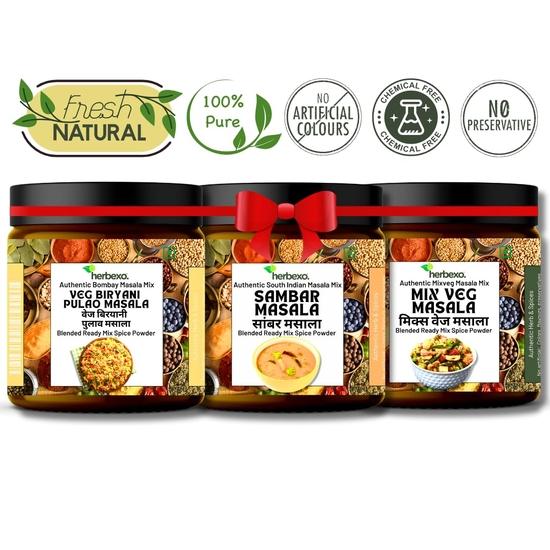 Sambar Masala, Mix Veg Masala & Veg Biryani Pulao Masala Trio Pack - Najwyższej jakości przyprawy, Świeżo prażone, Autentyczny smak, Czyste, 100% naturalne