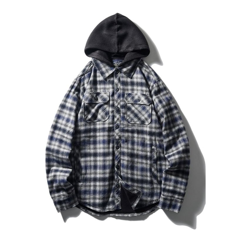 Export Export Tail Order Gingham Hooded Shirt Men's Spring and Autumn American Retro Overalls Casual Shirt Jacket