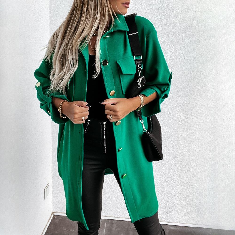 Women's Autumn and Winter Pull Sleeve Button Decoration Mid-Length Shirt Jacket