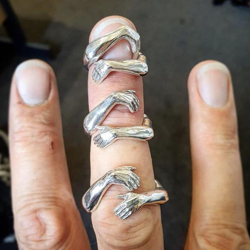 Classic Creative Silver Hug Rings for Women Metal Carved Hands Open Ring Birthday Party Jewelry Gifts