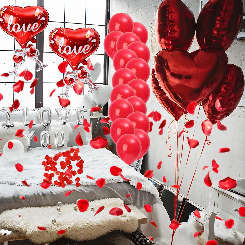 Rose Künstliche Blütenblätter Rote Ballons Set Liebesherz Latex Folienballon Hochzeit Romantische Nacht Valentinstag Party Dekoration
