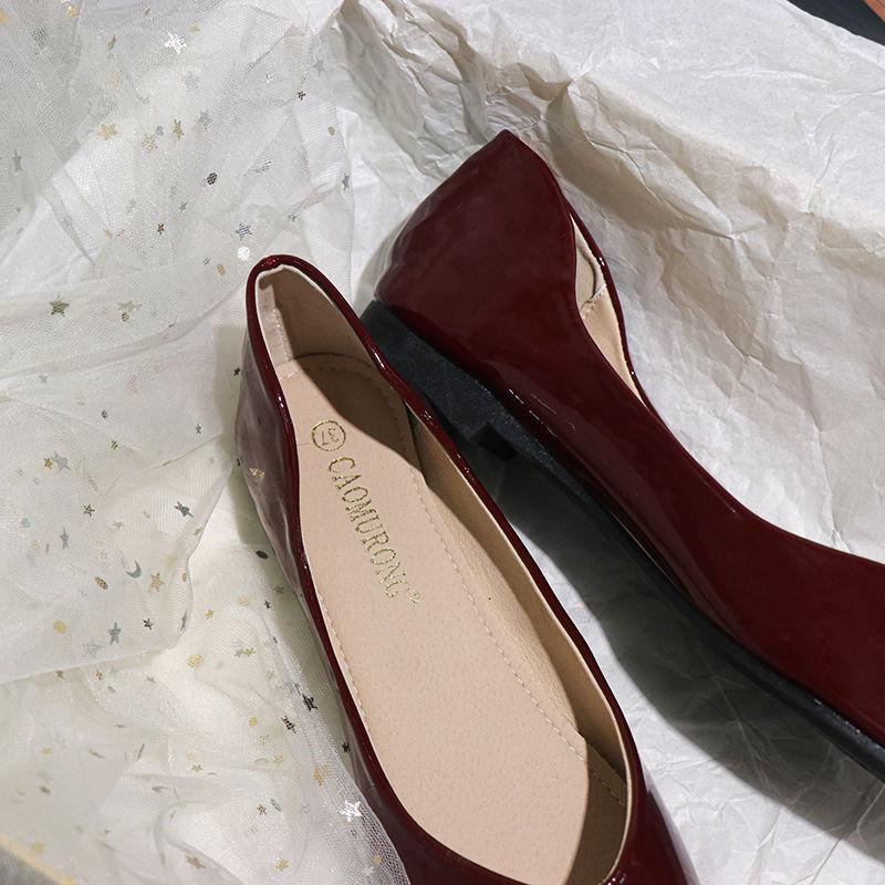 Fashion Pearl Beading Bowknot Women Flats Pointed Toe Japanned Leather OL Dress Shoes Woman Shallow Mouth Chaussures Femme Big Size 43