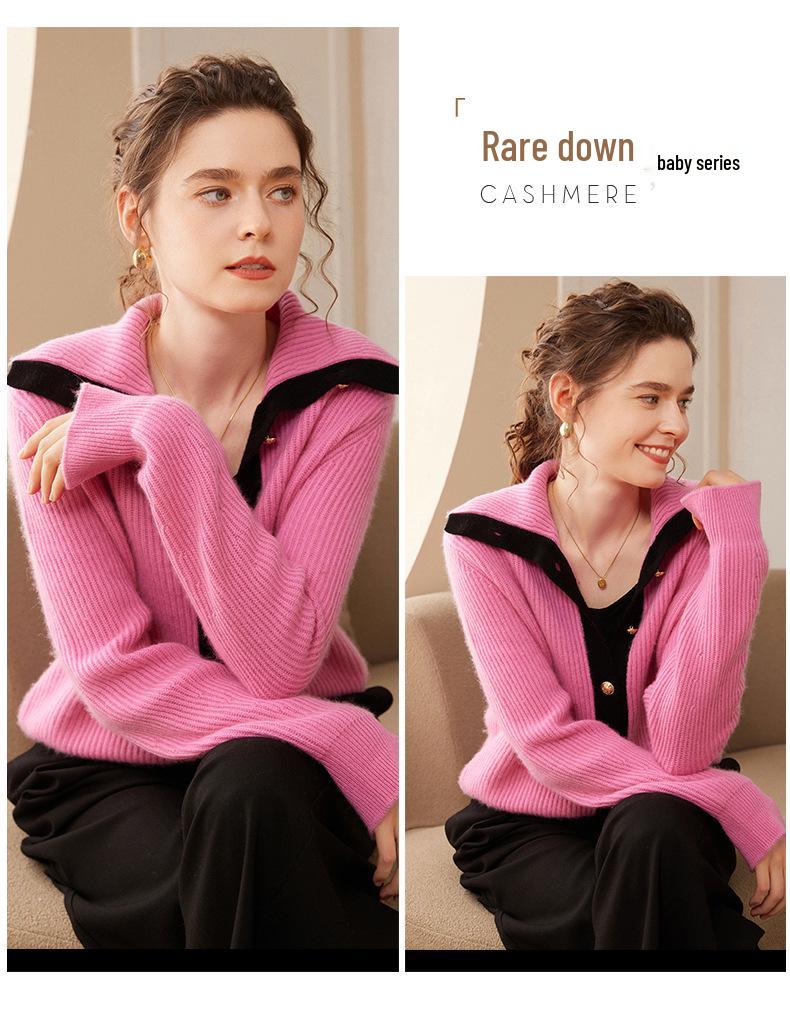 Women's Cashmere Knit Color-Block Polo Cardigan with Split Cuffs and Long Sleeves