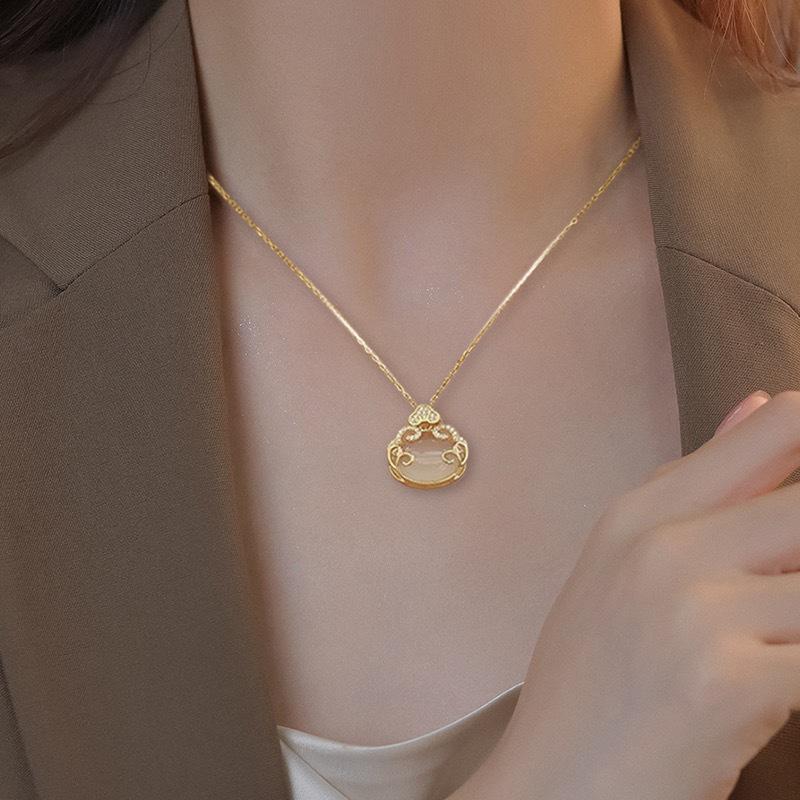 Ruyi Ping An Auspicious Clouds Chalcedony Necklace - Retro Chinese Longevity Pendant with High-End Luxury Feel.