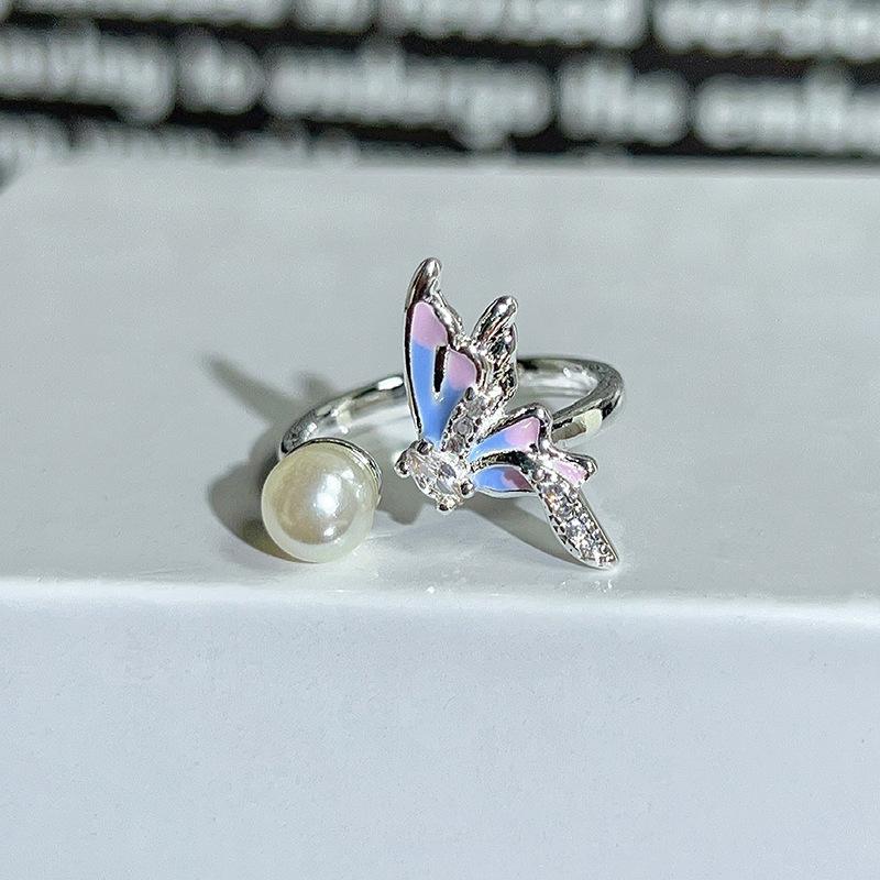 Dopamine Colorful Enamel Flower Butterfly Open Ring Mori Sweet Girly Style Inlaid Zircon Niche Light‑Luxury Adjustable Stackable Decorative Ring
