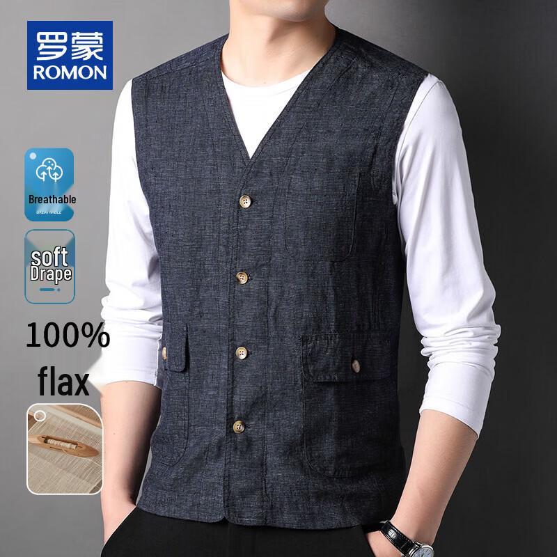 ROMON Men s 100% Linen V-Neck Casual Vest 2XL