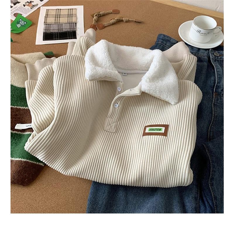 Felpa Uomo in Velluto a Coste con Collo a Polo Vestibilità Larga Manica Lunga Top Casual