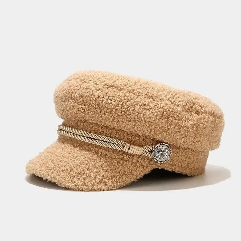 Mode Lammwolle Schiebermütze Damen Lässig Warmhalten Flacher Hut Weiblich Herbst Winter Militärmütze Frauen