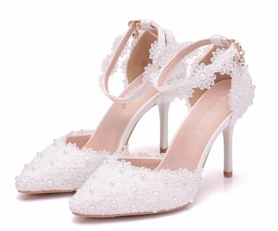 Fashion Wedding Shoes Bride White Wedding Shoes Female High Heels Ankle Strap Pumps Women's Shoes Rhinestone Lace High Heels Party Shoe