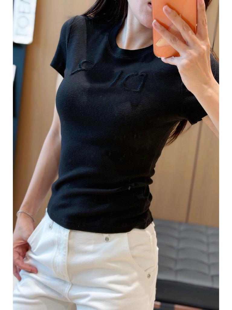 Elegant Embroidered Women's Slim Waist Short-Sleeve T-Shirt