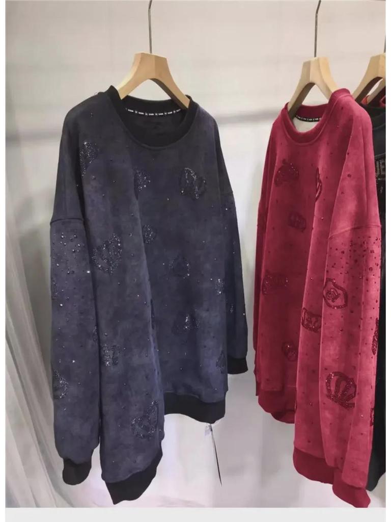 European Luxury Crown Diamond Sweater: Women's Plus-Size Velvet Thick Long Sleeve Top