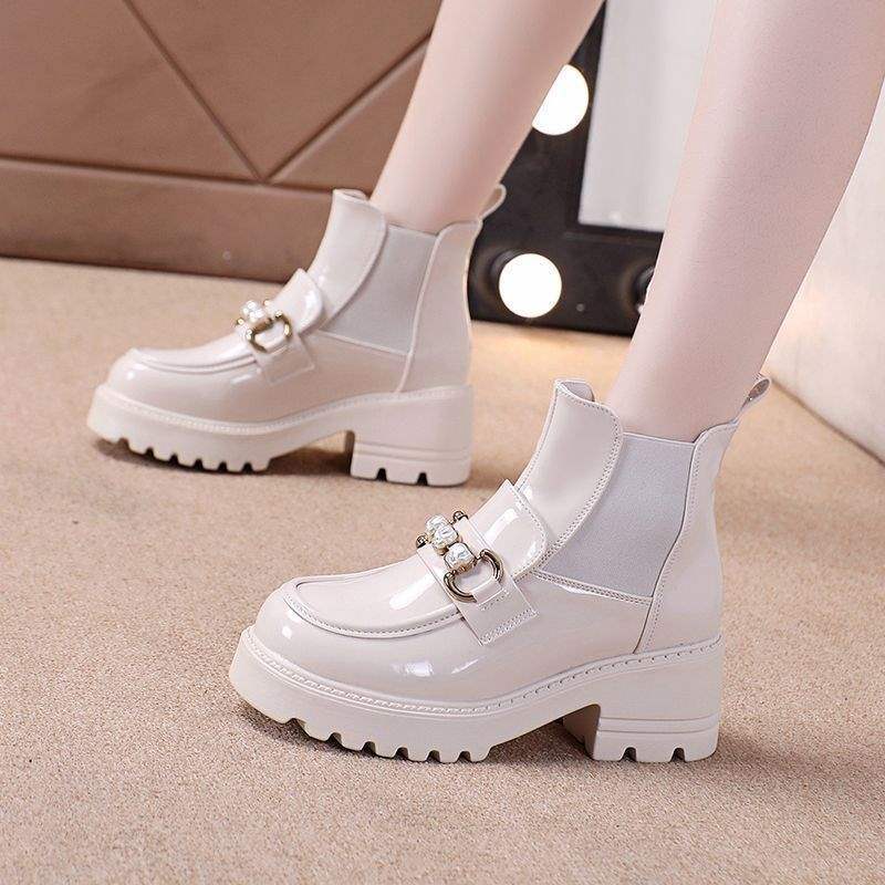 

Real soft leather Chelsea boots soft-soled velvet Martin boots women s British style fashion high-heeled thick-soled new autumn and winter short boots 40