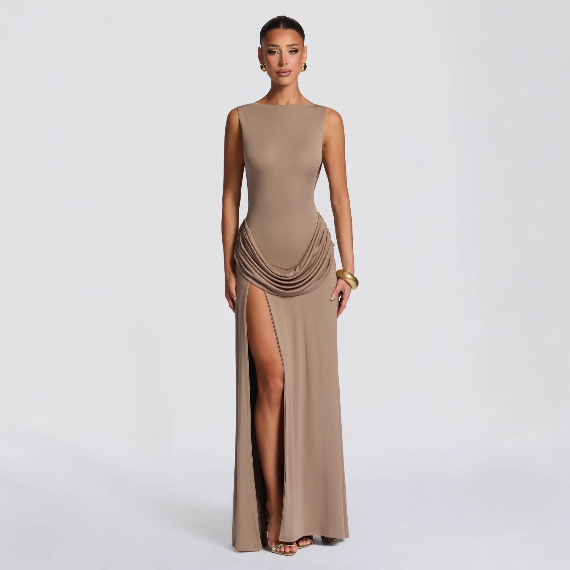 Women s Slim-Fit Long-Sleeve Draped Solid Color Dress Small хаки
