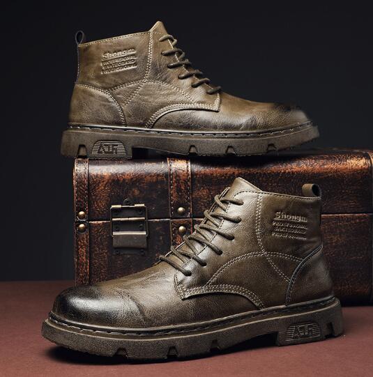 Male British Black Male Boots Fall High Top Tide Ankle Boots Casual Leather Motorcycle Boots D473