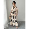 Women's Vintage Floral V-Neck Maxi Dress, Smocked Waist A-Line Long Dress for Summer Casual & Beach Wear