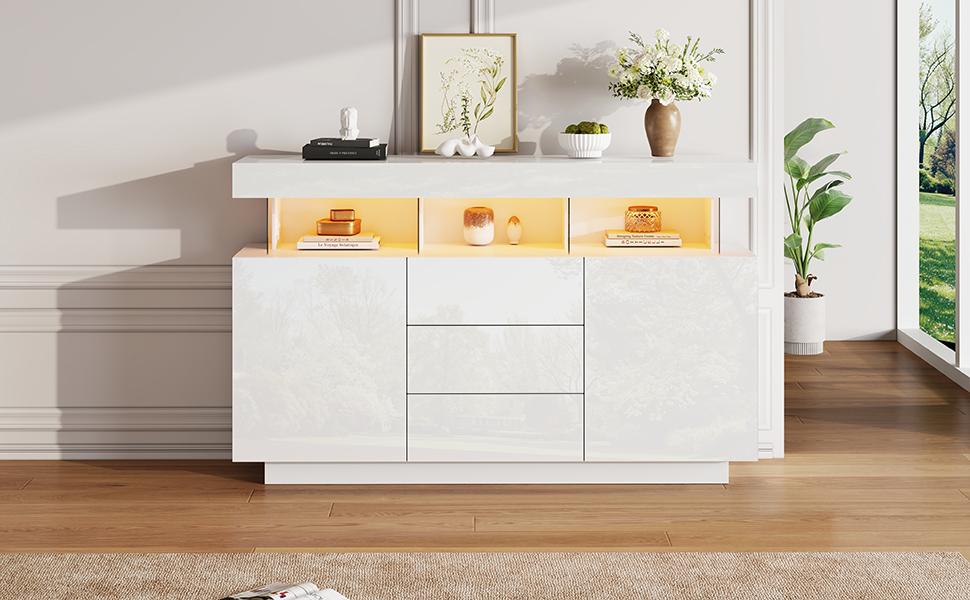 140 x 35 x 80 cm Modernes Hochglanz Acryl Sideboard mit 16-farbigem LED-Streifen, Kaffeebar, Geeignet für Esszimmer, Küche, Flur (Weiß)
