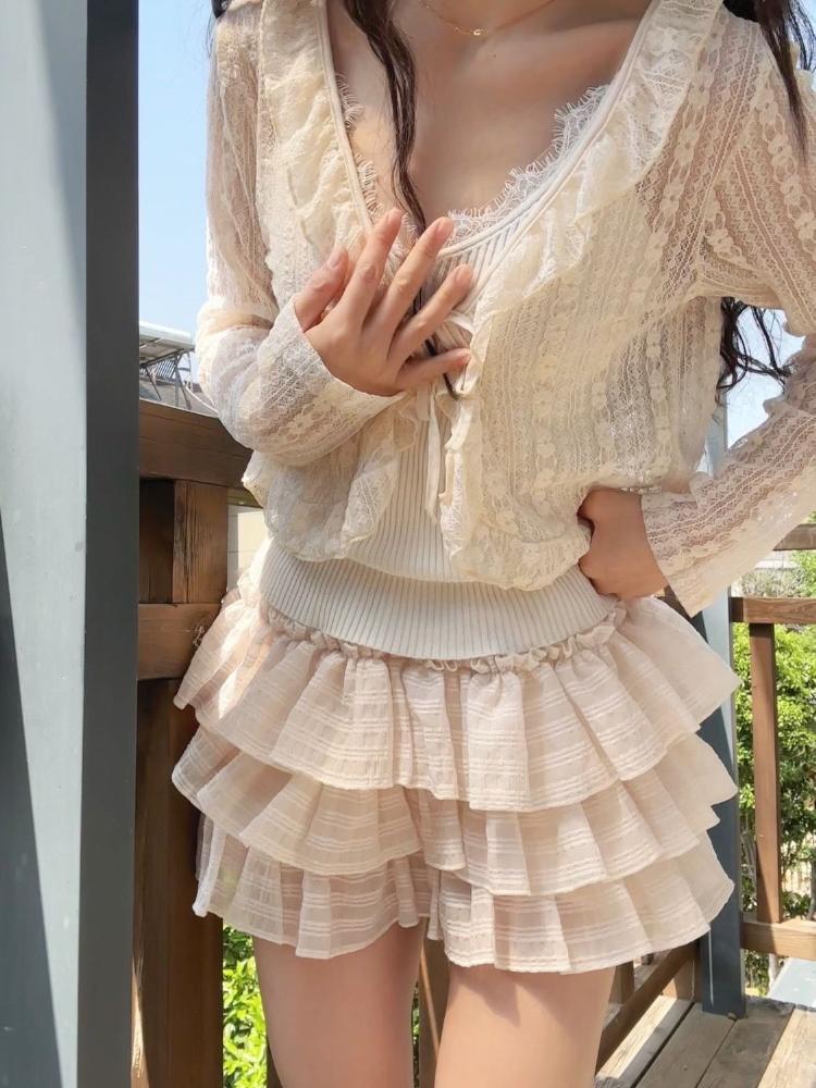 Kawaii Lolita Skjørt Shorts Kvinner Ruffle Patchwork Lagdelt Høy Midje Y2k Balletcore Miniskjørt Sommerfest Klubb