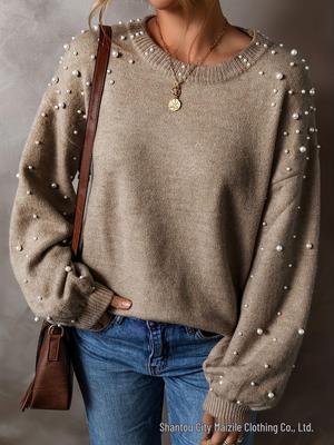 Plus Size Beaded Knit Sweater – 2025 Autumn/Winter New Arrival, Loose Round Neck Pullover, Long Sleeve Top