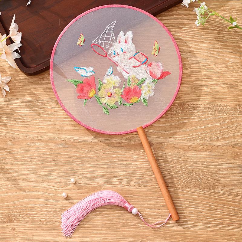 China Fan  Semi-Transparent Long Handle Tassel Dance Fan Female Costume Hanfu Cheongsam Embroidery Small Round Fan