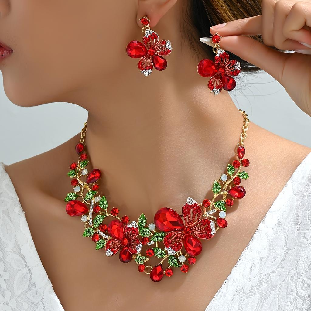 Elegantní květinová zirkonová sada s kamínky pro ženy - 3 ks náhrdelník a visací náušnice, na párty a pro každodenní nošení, perfektní dárek na rande/pro nevěstu