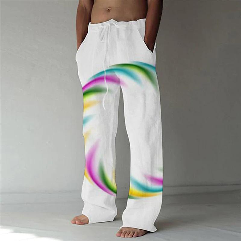 Nové kalhoty 3D kreativní potisk ležérní pánské volné stahovací lněné kalhoty se širokými nohavicemi