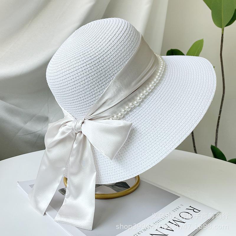 French Elegant Ribbon Bow Pearl Grass Hat Women's Summer Dome Seaside Outing Shading Versatile Top Hat Tide