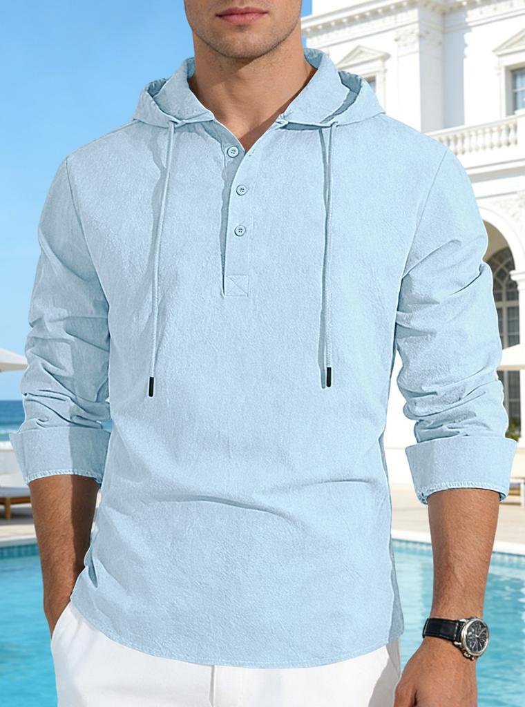 Men's Cotton Linen Hooded Long Sleeve Shirt Lightweight Quick Dry Loose Casual Solid Color Top