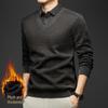 Men's Winter Knitwear Sweater: Thickened, Faux Two-Piece Design, Velvet-Lined, Long Sleeve with Shirt Collar.