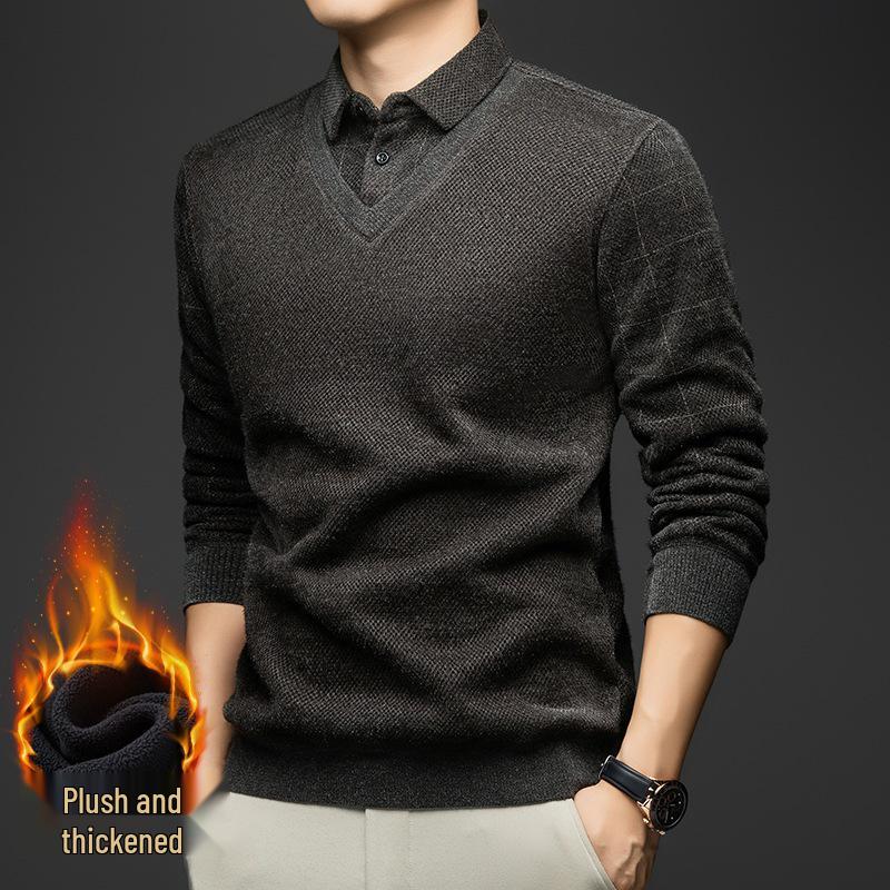 Men's Winter Knitwear Sweater: Thickened, Faux Two-Piece Design, Velvet-Lined, Long Sleeve with Shirt Collar.