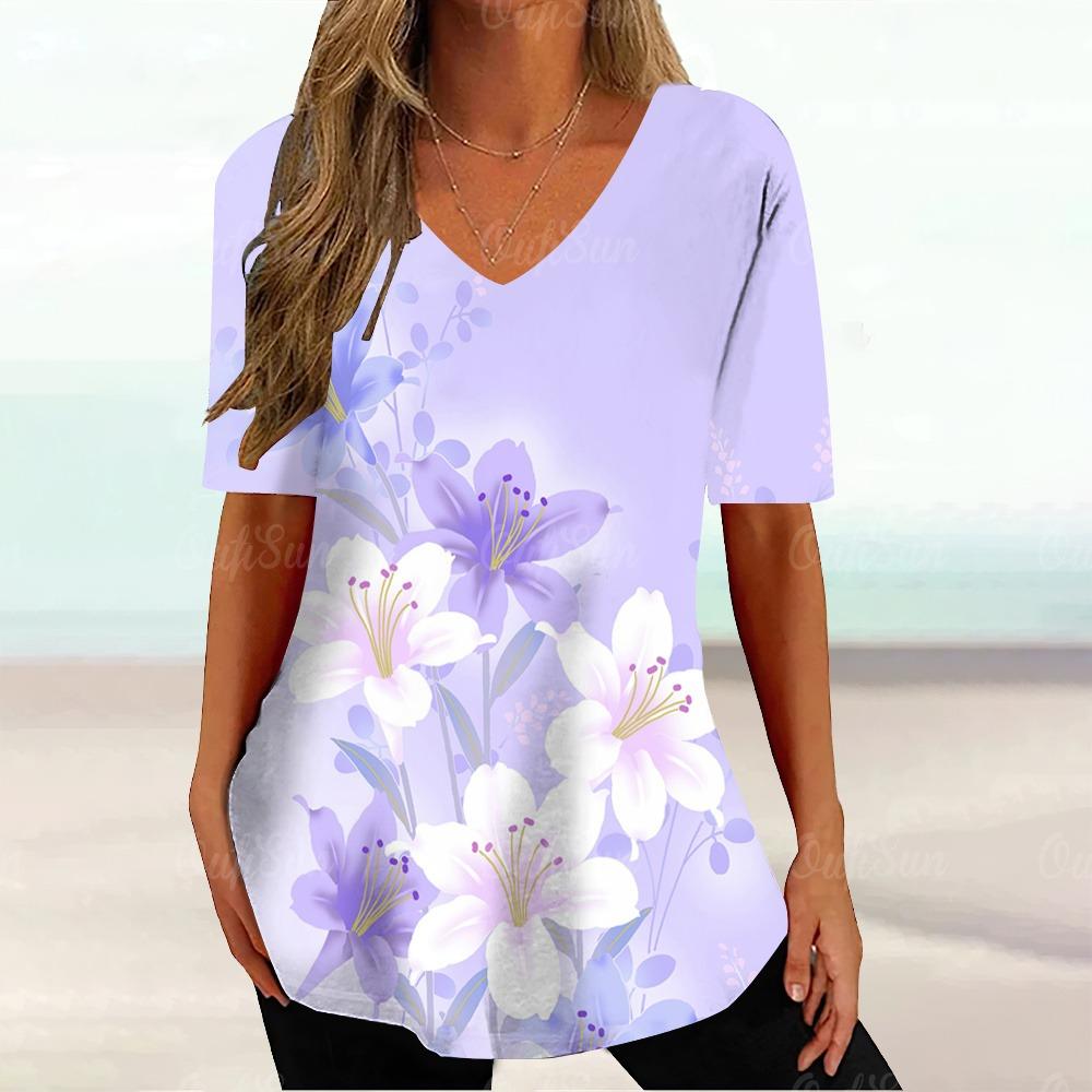 Floral Ladies V-Neck T-Shirt Summer Outdoor Fashion Short Sleeve Top 3D Printing OverSize Ladies Clothing Casual T-Shirt