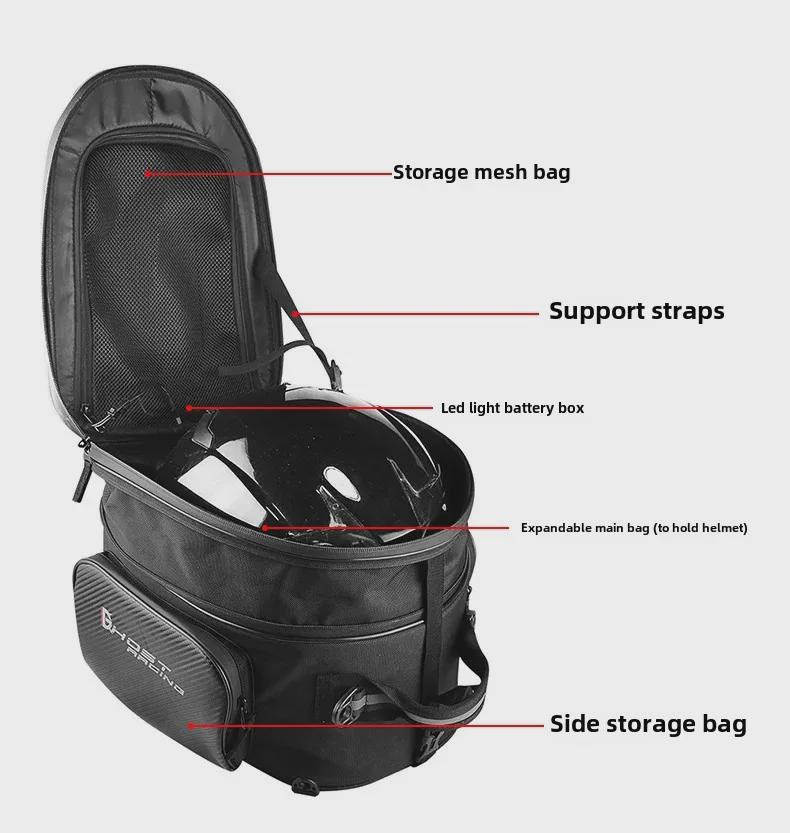 Motocyklový multifunkční pevný skořepinový ocasní vak a LED batoh na helmu