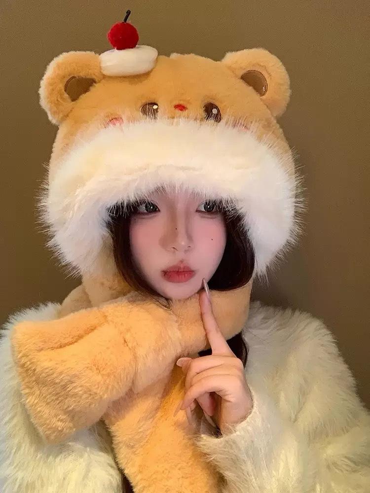 Women's Winter Fox Ears Plush Hat and Scarf Set - Thick, Warm Ear Protection for Cycling