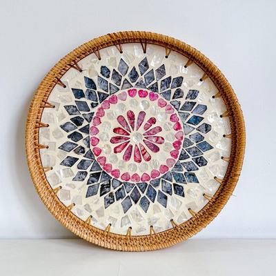 Rattan Woven Serving Tray Round Decorative Natural Rattan Shell Fruit Dessert Snack Plate for