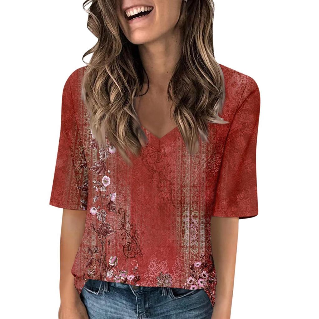 Dámské módní tričko s krátkým rukávem a výstřihem do V s 3D potiskem, letní pohodlné sportovní topy