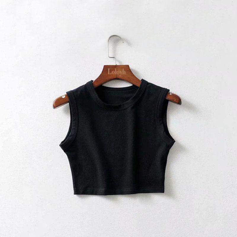 2024 Women's Summer Cotton Cycling Vest: European & American Style, Solid Color, Wide Strap, Short Cropped Tank Top