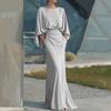 Dames Geplooide Bootnek Bruiloftsgast Jurk, Backless Vleermuis 3/4 Mouw Bodycon Lange Jurk, Formele Feest Cocktail Prom Jurk