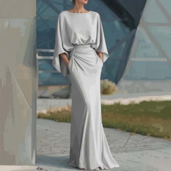 Dames Geplooide Bootnek Bruiloftsgast Jurk, Backless Vleermuis 3/4 Mouw Bodycon Lange Jurk, Formele Feest Cocktail Prom Jurk