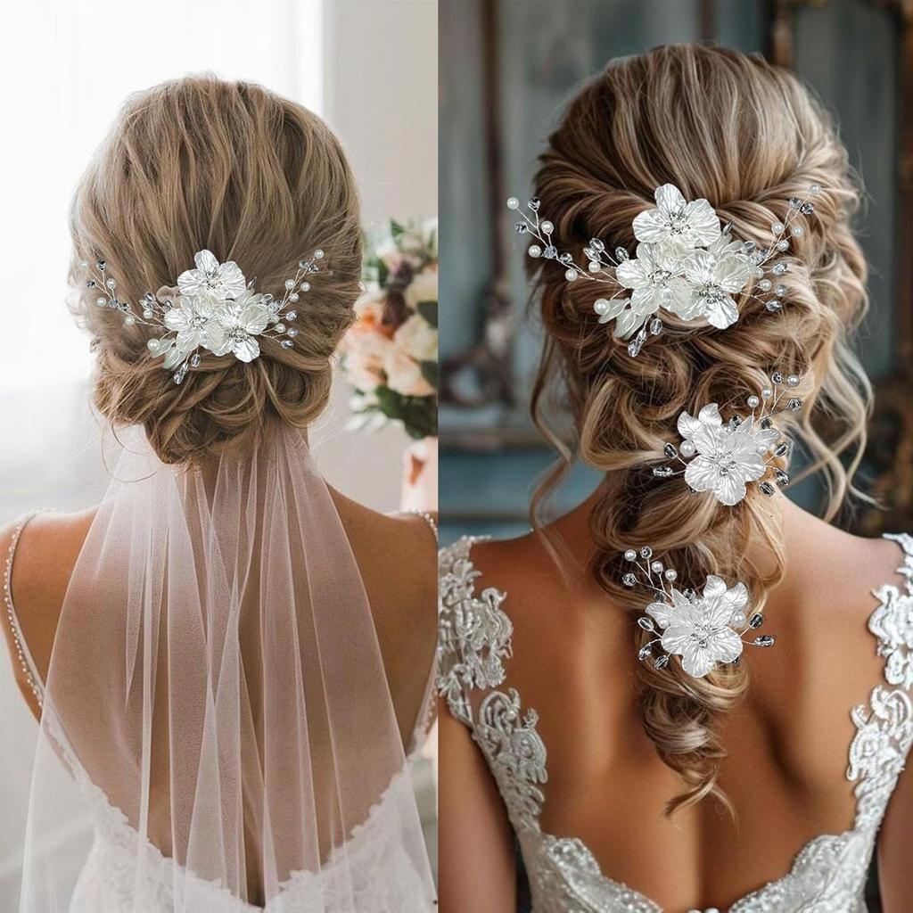 3-Piece Handmade Fabric Flower Crystal Hair Accessories Set for Bridal Wedding Styling / Photo Shoots / Evening Gown Matching