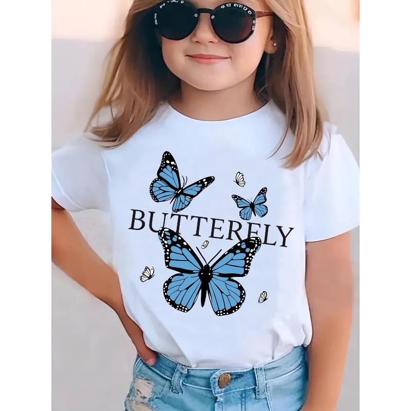 European sizes Summer Fashion Girls' Short-Sleeve T-Shirt BUTTERELY Three Blue Bow Small Butterfly Element Cartoon Pattern Print Casual Versatile Top